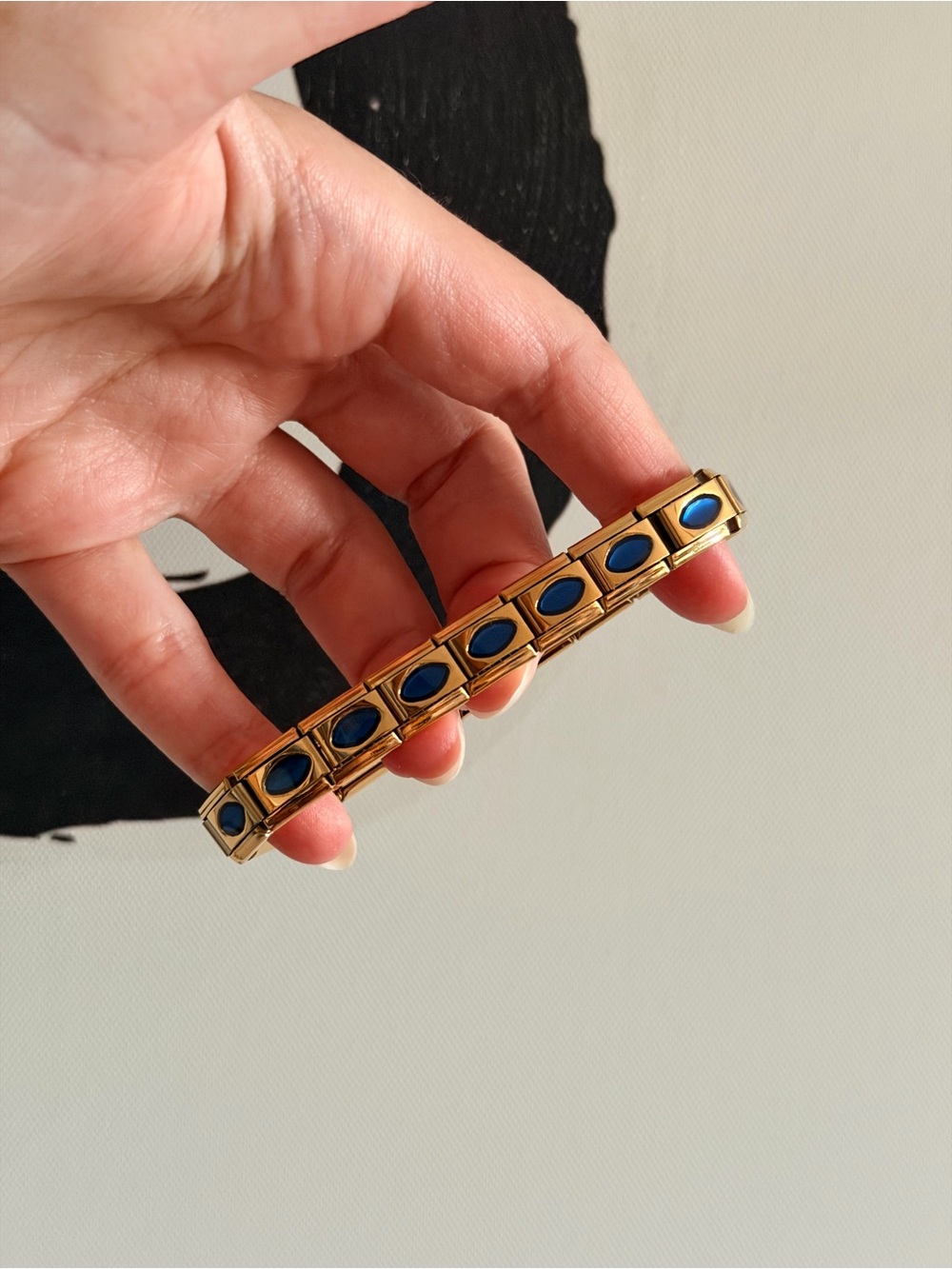 Gold-Tone Italian Charm Bracelet with Blue Oval Charms | 18 Links